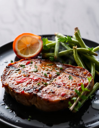 Grilled Tuna Steak with Green Beans and Lemon Sliceの写真素材
