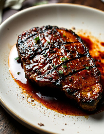 grilled beef steak on a white plate. style vintage. selective focusの写真素材