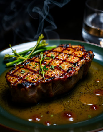 Tasty grilled pork loin with herbs and wine on dark backgroundの写真素材