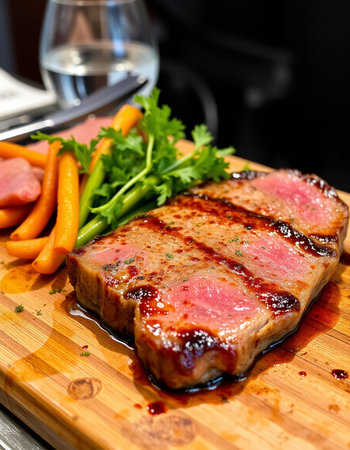 beef steak with sauce and green beans on a wooden chopping board, top view