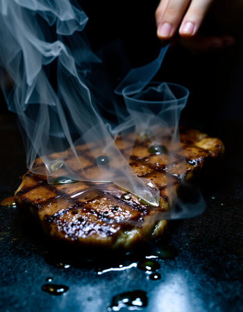 grilled beef steak with vegetables on a wooden board in a restaurantの写真素材