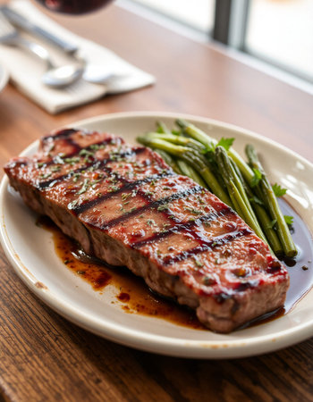 Grilled beef steak with asparagus on a white plate.