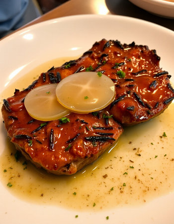 Grilled salmon steak with garlic and lemon on a white plate.