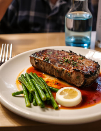 Grilled tuna steak with asparagus on white plate in restaurantの写真素材