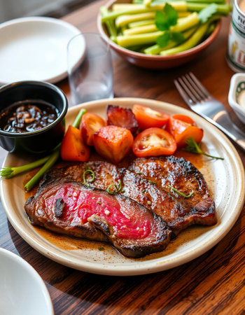 Grilled steak with vegetables and sauce on wooden table in restaurant.の写真素材