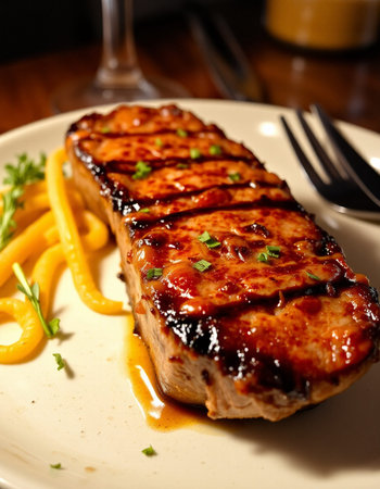 grilled pork chop with french fries on a plate in a restaurant