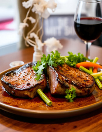 Grilled steak with vegetables and glass of red wine on wooden tableの写真素材
