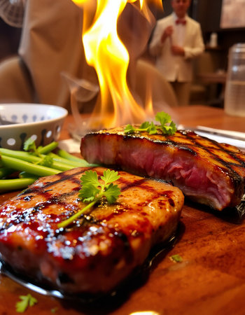 Grilled steak on a wooden board with green beans and sauce.の写真素材