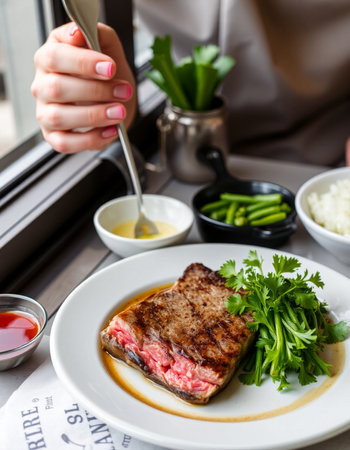 steak on a white plate with sauce and greens in a restaurantの写真素材