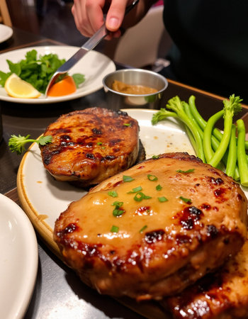 Barbecued pork chops with sauce and vegetables on a wooden plate