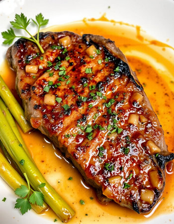 Grilled pork steak with vegetables on a white plate. Top view.