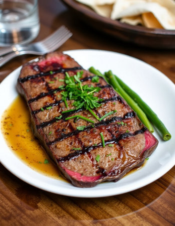Grilled tuna steak with red onion and parsley on white plateの写真素材