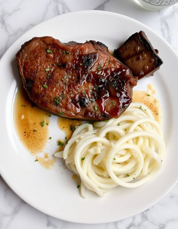 grilled pork steak with spaghetti on white marble table, top viewの写真素材