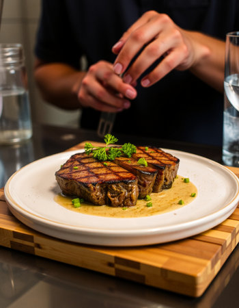 Grilled beef steak with mashed potatoes on a white plate in a restaurantの写真素材