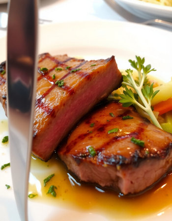 Grilled duck breast fillet with vegetables on a white plate.の写真素材