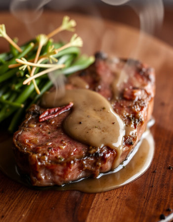 Grilled beef steak with mushroom sauce and green beans on wooden tableの写真素材