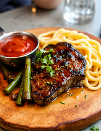 Grilled Pork Steak with Pasta and Sauce on Wooden Plateの写真素材