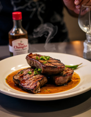 steak on a white plate in a restaurant with a blurred backgroundの写真素材
