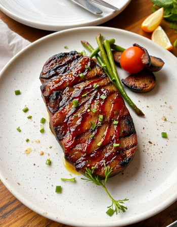 grilled steak with asparagus and cherry tomatoes on white plateの写真素材