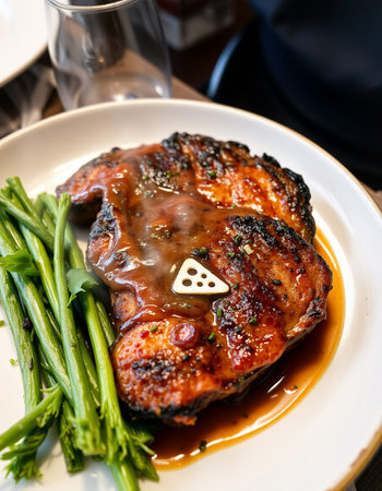 Pork chop with vegetables on a white plate on a wooden table