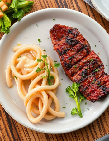 Grilled salmon steak with spaghetti sauce and parsley on white plateの写真素材