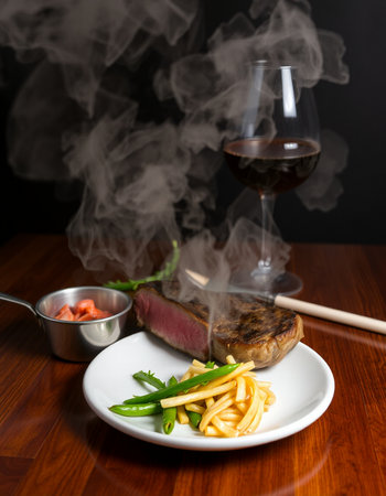 grilled beef steak on a wooden background. tinting. selective focusの写真素材