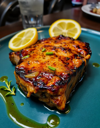 Grilled salmon steak with lemon and rosemary on a blue plateの写真素材