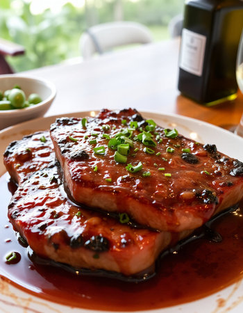 Grilled pork steak with sauce and green peas on a white plateの写真素材