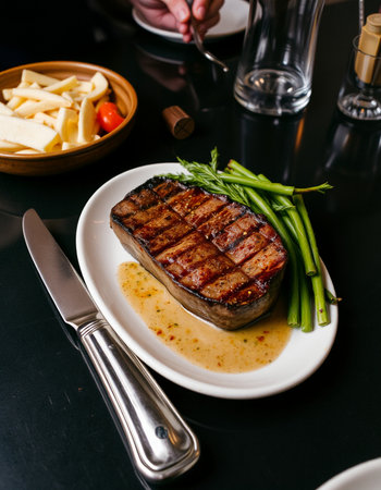 Grilled tuna steak with green beans and cheese on a black backgroundの写真素材