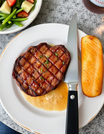 Grilled beef steak with sauce and vegetables on a white plate.の写真素材