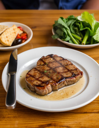 Grilled beef steak with sauce on a wooden table in a restaurant