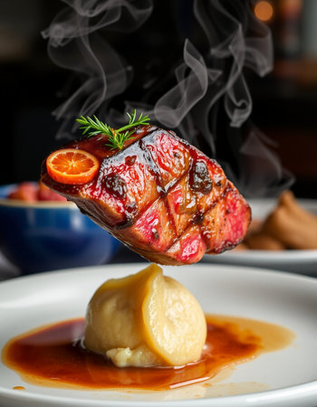 Grilled duck breast with mashed potatoes and rosemary on white plateの写真素材