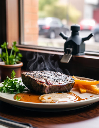 Grilled steak with sauce and orange on the table in the restaurantの写真素材