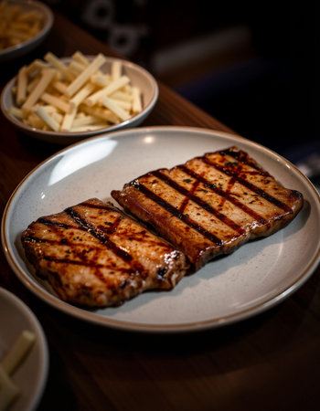 Grilled pork with french fries on wooden table. Selective focus.