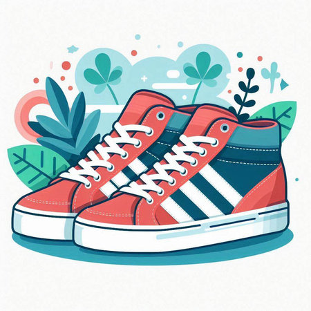 Sneakers. Vector illustration in flat style. Sneakers on a background of nature.のイラスト素材