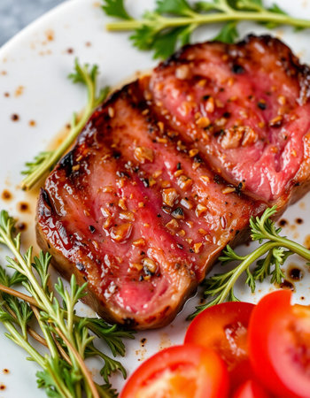 Grilled Tenderloin Steak with Tomatoes and Rosemary.の写真素材