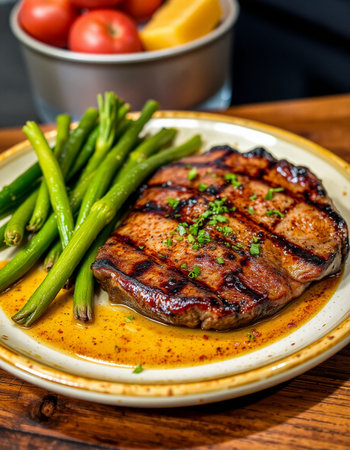 Grilled beef steak with asparagus and tomato on wooden table