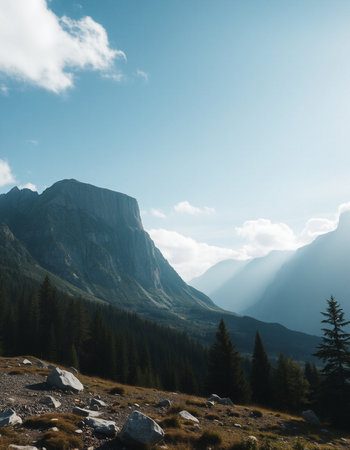 Mountain landscape with rocks and trees in front of blue sky.の写真素材