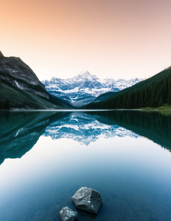 Mountains reflected in the lake. Canadian Rockies, Alberta, Canadaの写真素材