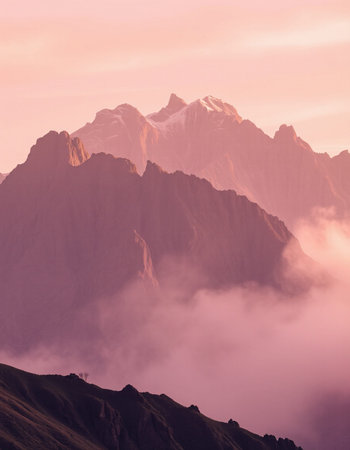 Mountains in the clouds at sunset. Dolomites, Italy