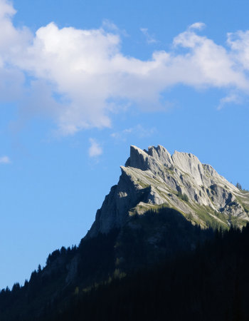 Mountain landscape with blue sky and white clouds in the background.の写真素材