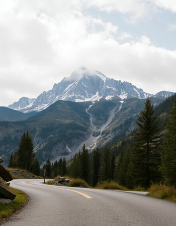 Mountain landscape with road and cloudy sky, Dolomites, Italyの写真素材