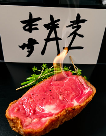 Beef steak on a slice of bread, Japanese calligraphyの写真素材