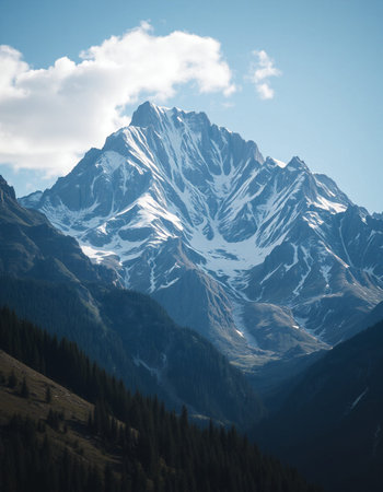 Mountain landscape with snow-capped peaks and coniferous forest