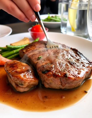 Steak with vegetables on a white plate in a restaurant. Restaurantの写真素材