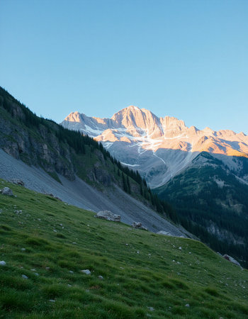 Mountain landscape with snow-capped peaks in the evening lightの写真素材