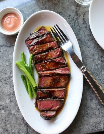 Sliced beef steak on white plate with sauce and green asparagus