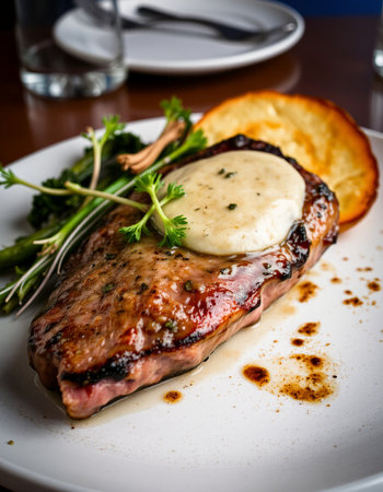 Grilled steak with herbs and sauce on a white plate in a restaurantの写真素材