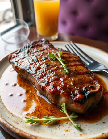grilled beef steak with rosemary and orange juice on wooden tableの写真素材