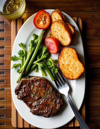Grilled steaks with herbs and toasts on a wooden tableの写真素材
